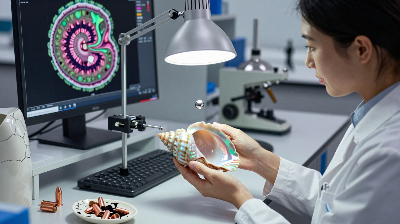Cientista em laboratório a examinar uma concha marinha iridescente com equipamento e ecrã digital ao fundo.