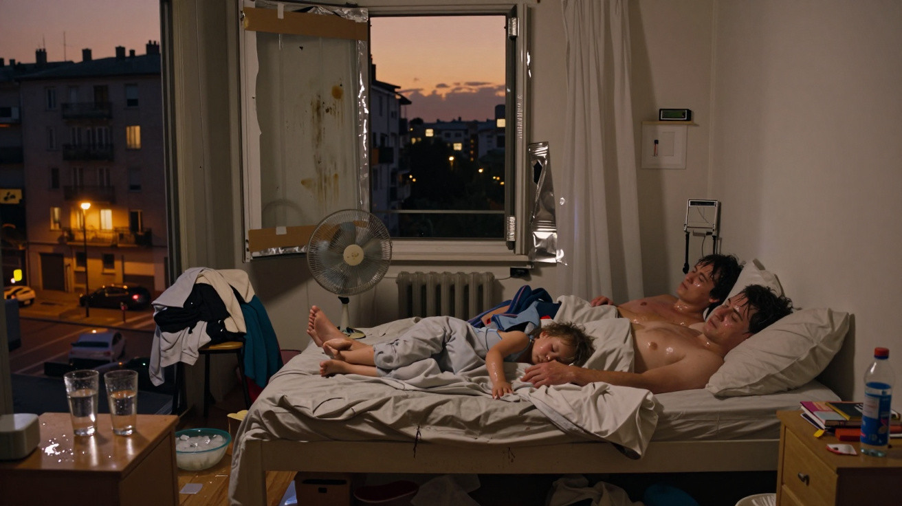 Quatro pessoas deitadas numa cama num quarto simples com janela aberta ao pôr do sol.