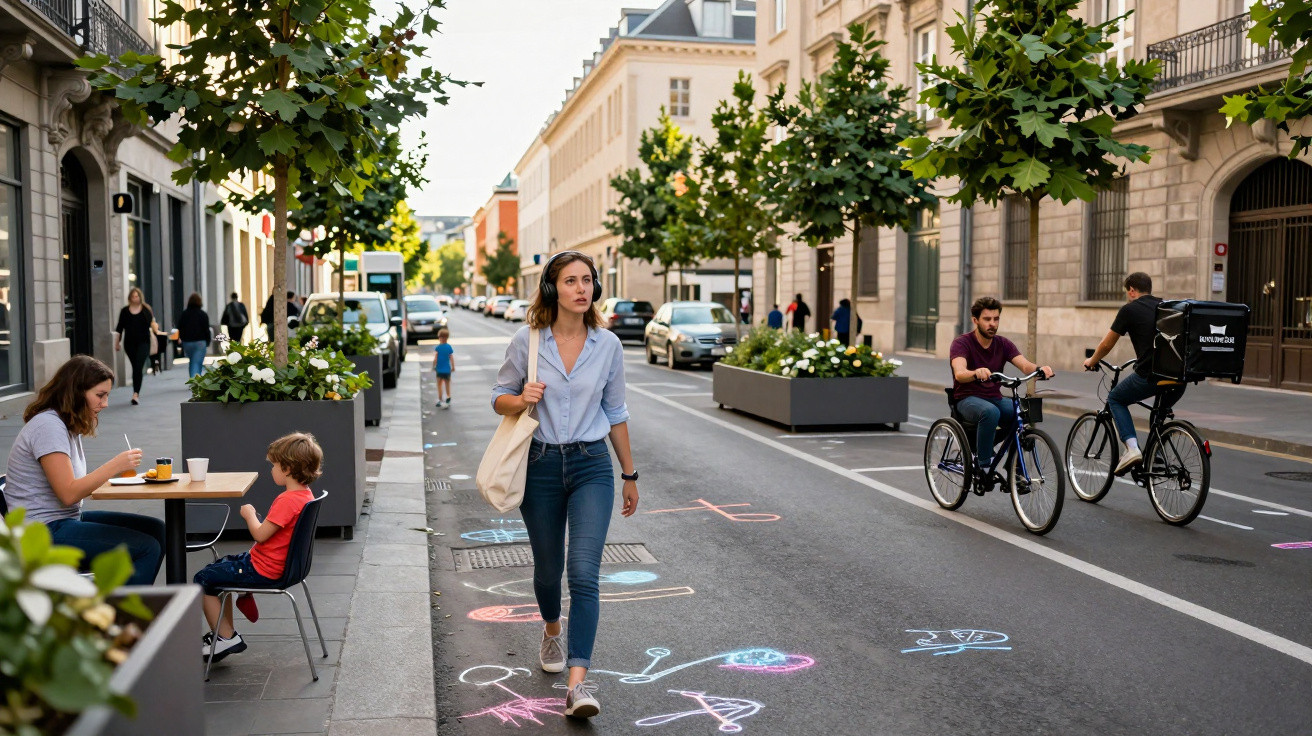Rua com árvores e desenhos coloridos no chão; pessoas a caminhar, andar de bicicleta e sentadas numa esplanada.