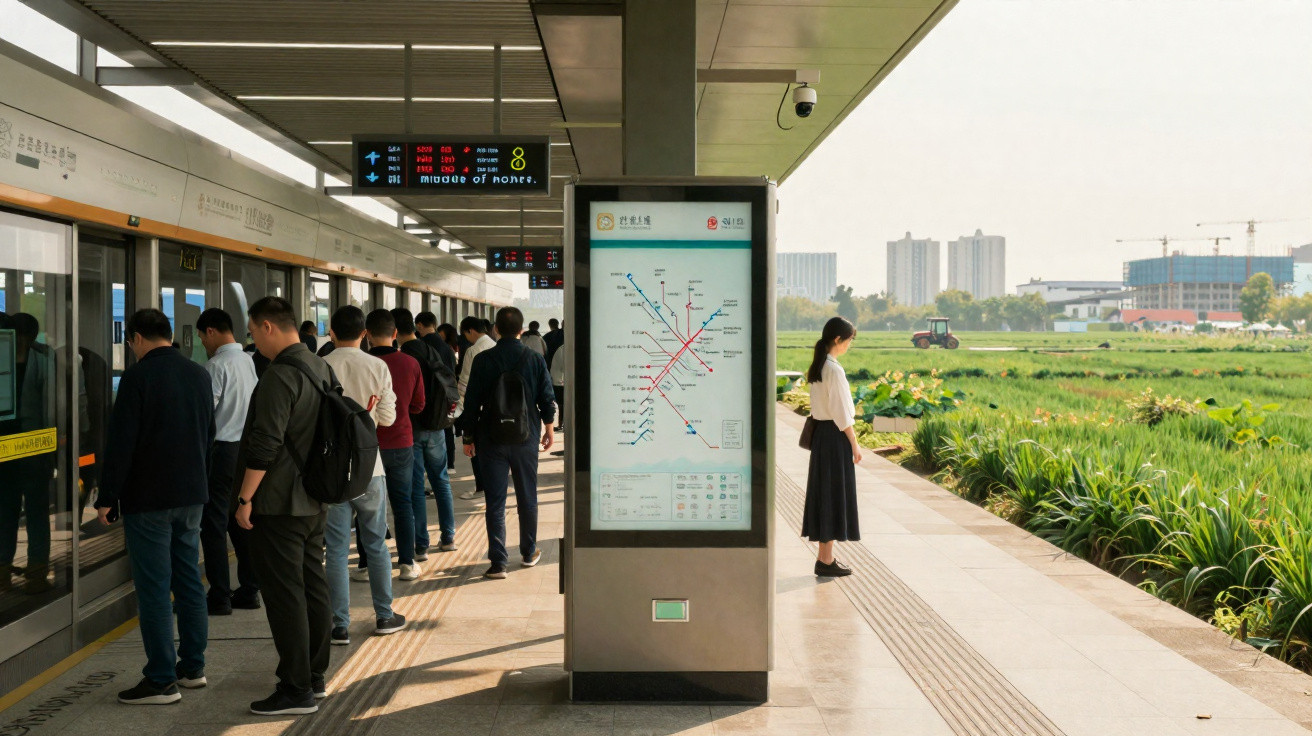 Passageiros alinham-se para entrar no metro numa estação ao lado de área verde com edifícios ao fundo.