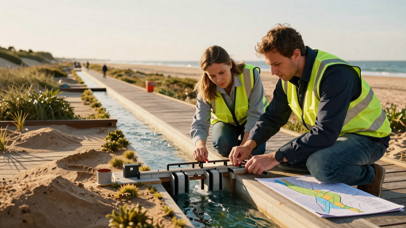 Dois engenheiros com coletes reflectores analisam modelo hidráulico junto à praia e prancha com plantas técnicas.