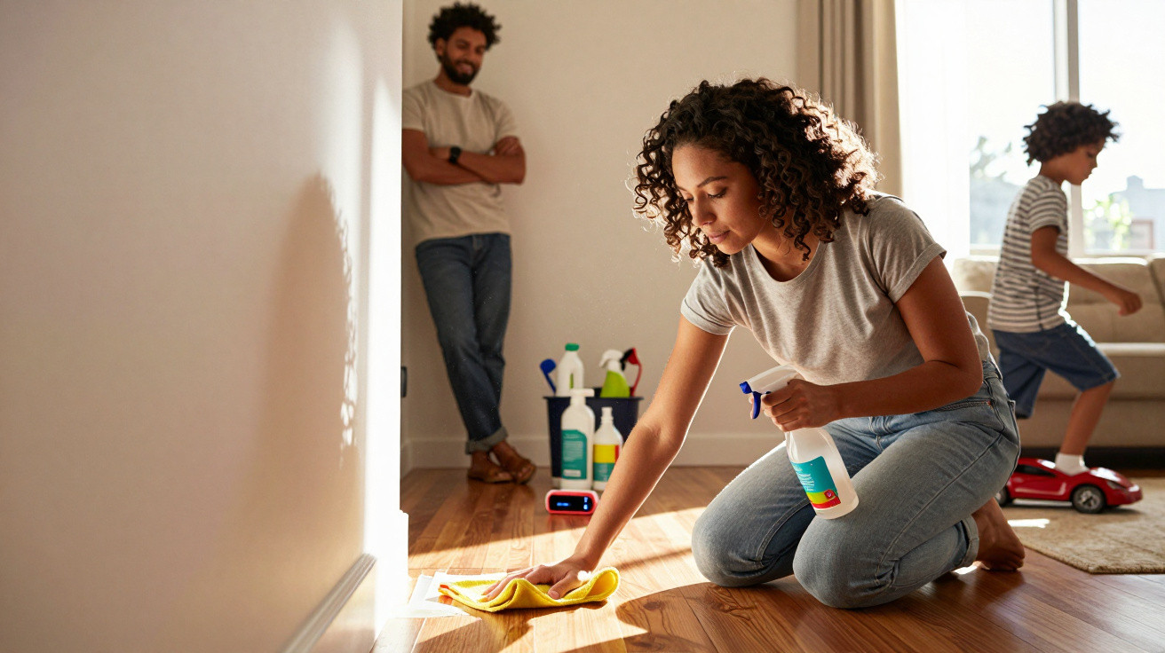 Mulher a limpar chão com spray e pano, homem a observar e criança a brincar numa sala iluminada.