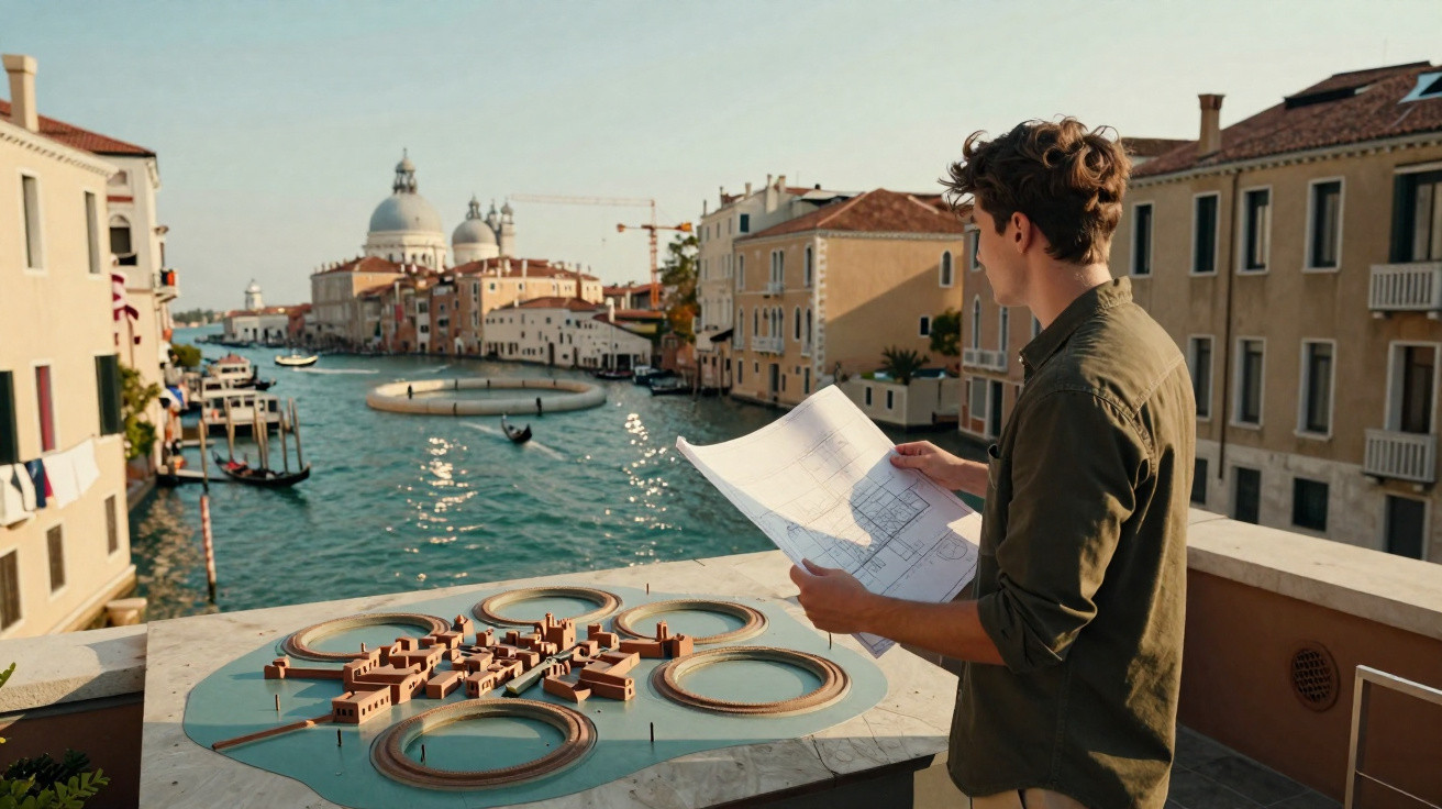 Homem observa maquete de cidade com canal e edifícios históricos ao fundo em Veneza, Itália.