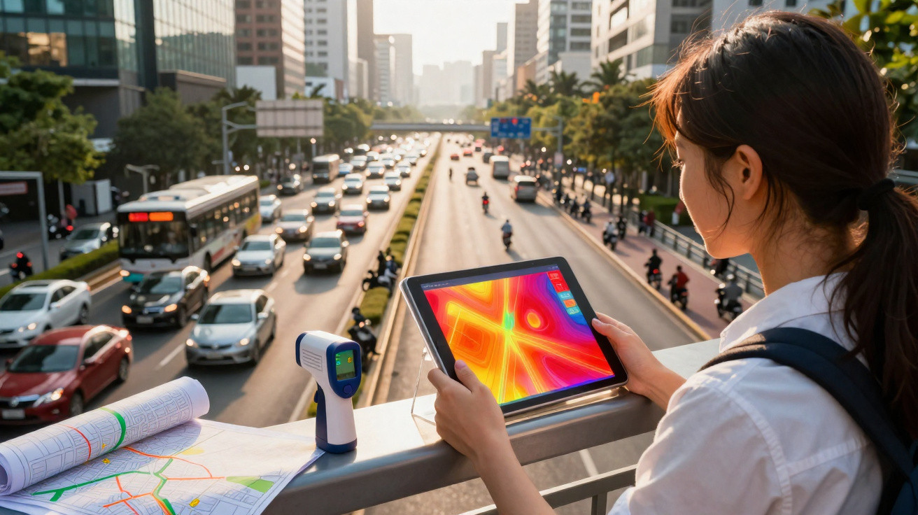 Mulher com tablet e medidor térmico analisa mapa de tráfego numa passagem elevada sobre uma avenida movimentada.