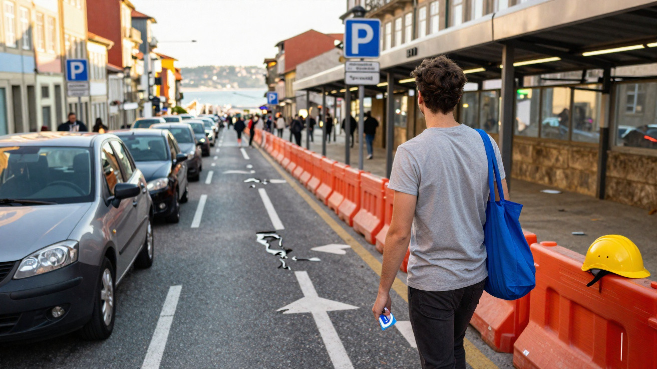 Homem de costas a caminhar numa ciclovia com carros estacionados e obra em zona urbana.