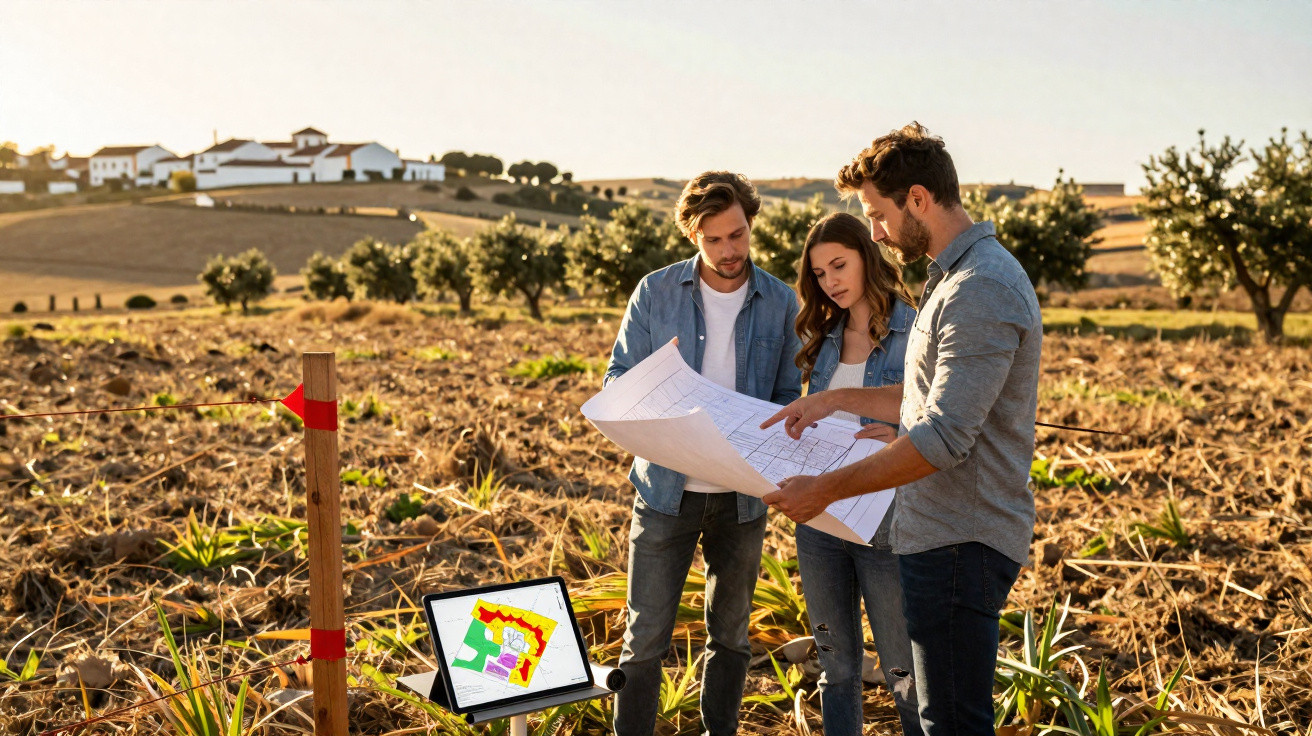 Três pessoas analisam desenhos técnicos num terreno agrícola ao ar livre durante o pôr do sol.