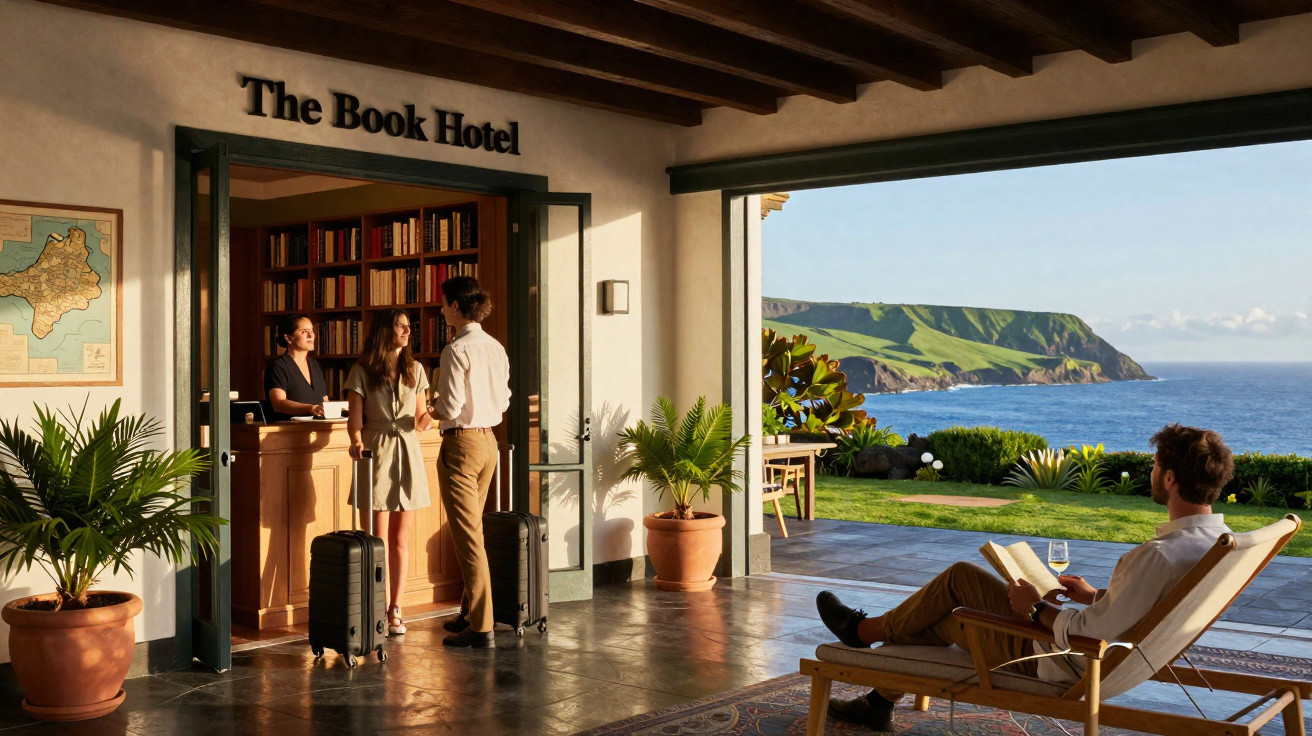 Entrada do The Book Hotel com pessoas, malas, livros e vista para mar e península verdejante.