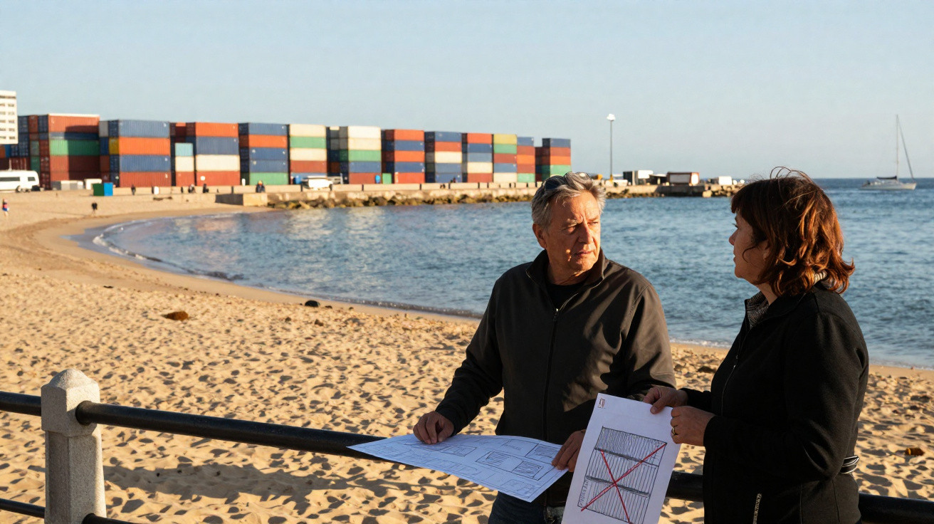 Duas pessoas conversam na praia com papéis, perto de contentores empilhados no cais.