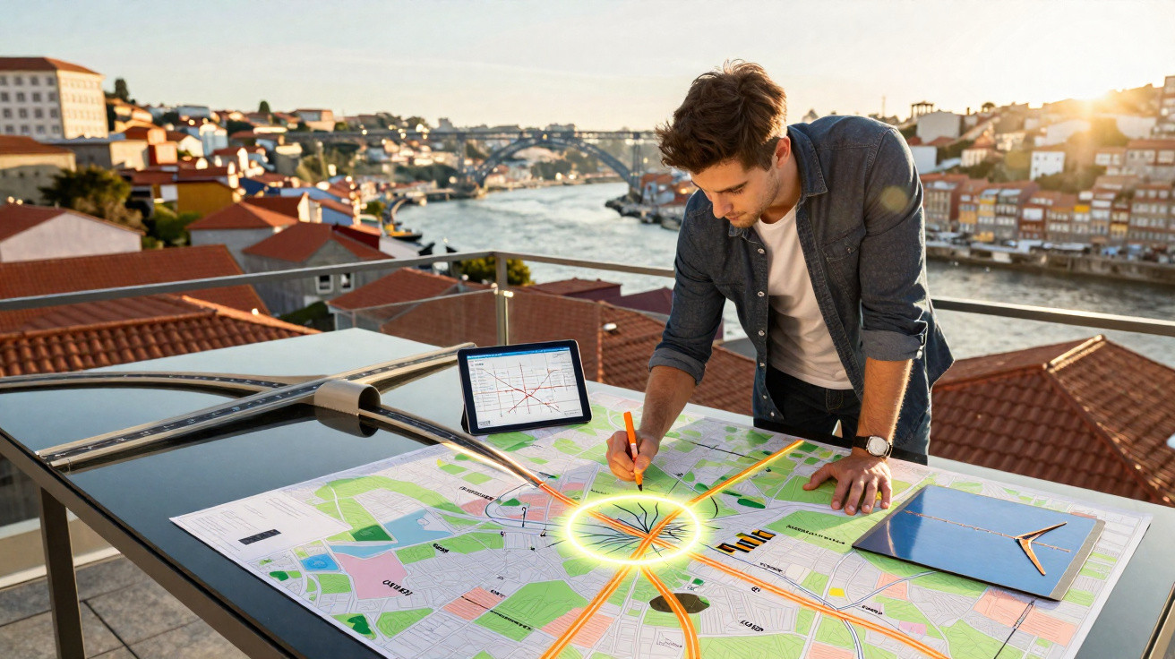 Homem a analisar um mapa com gráficos eletrónicos numa varanda com vista para uma cidade ribeirinha ao pôr do sol.