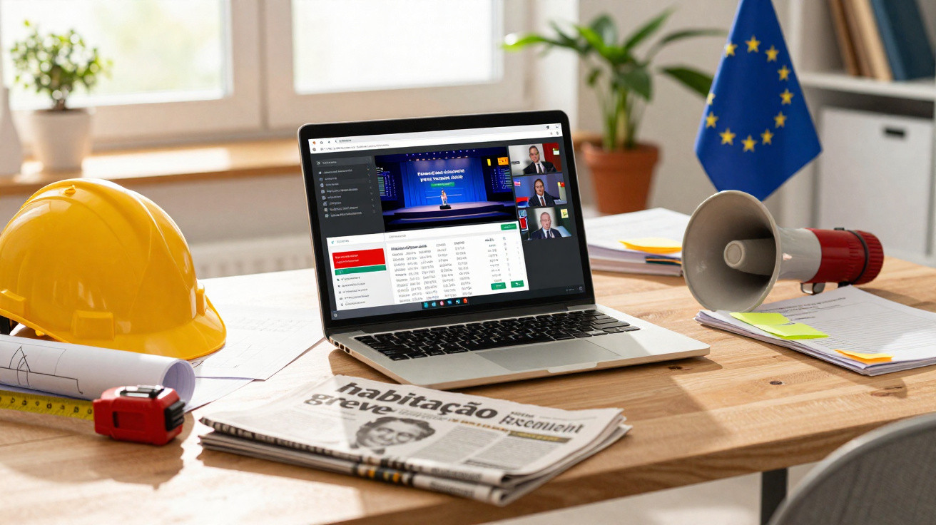 Mesa de trabalho com computador a transmitir videoconferência, capacete amarelo, jornal e bandeira da União Europeia.