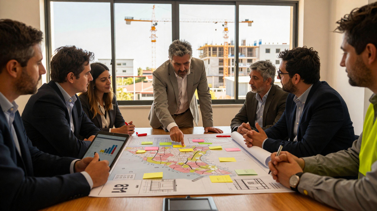 Grupo de profissionais a discutir projeto de construção com plantas e notas adesivas sobre mesa.