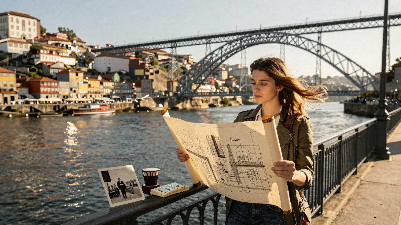 Mulher junto a rio em cidade europeia lê planta arquitetónica com ponte e casas ao fundo ao pôr do sol.