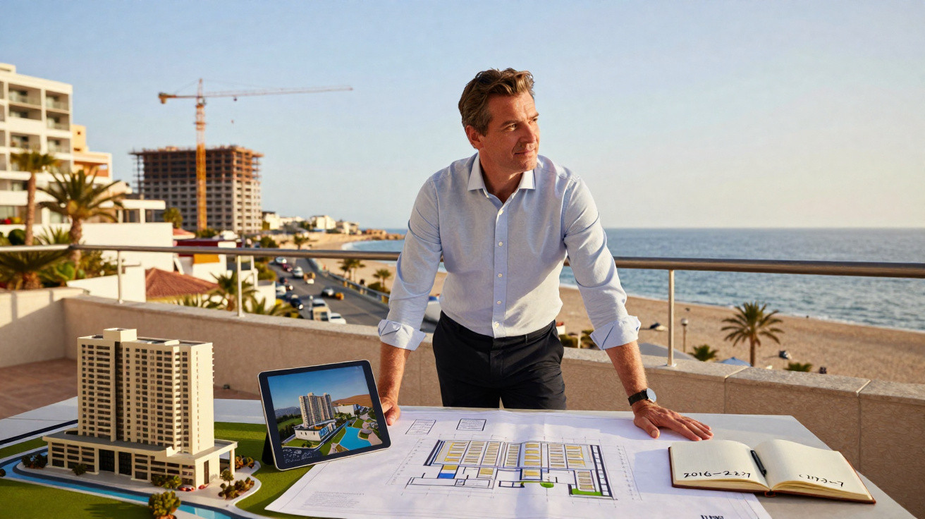 Homem reverente planta de construção e modelo de edifício numa varanda com vista para o mar.