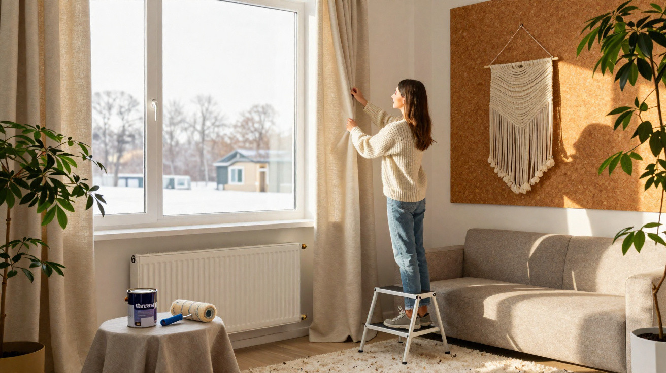 Mulher a abrir cortinas num apartamento com decoração clara e plantas verdes na sala.