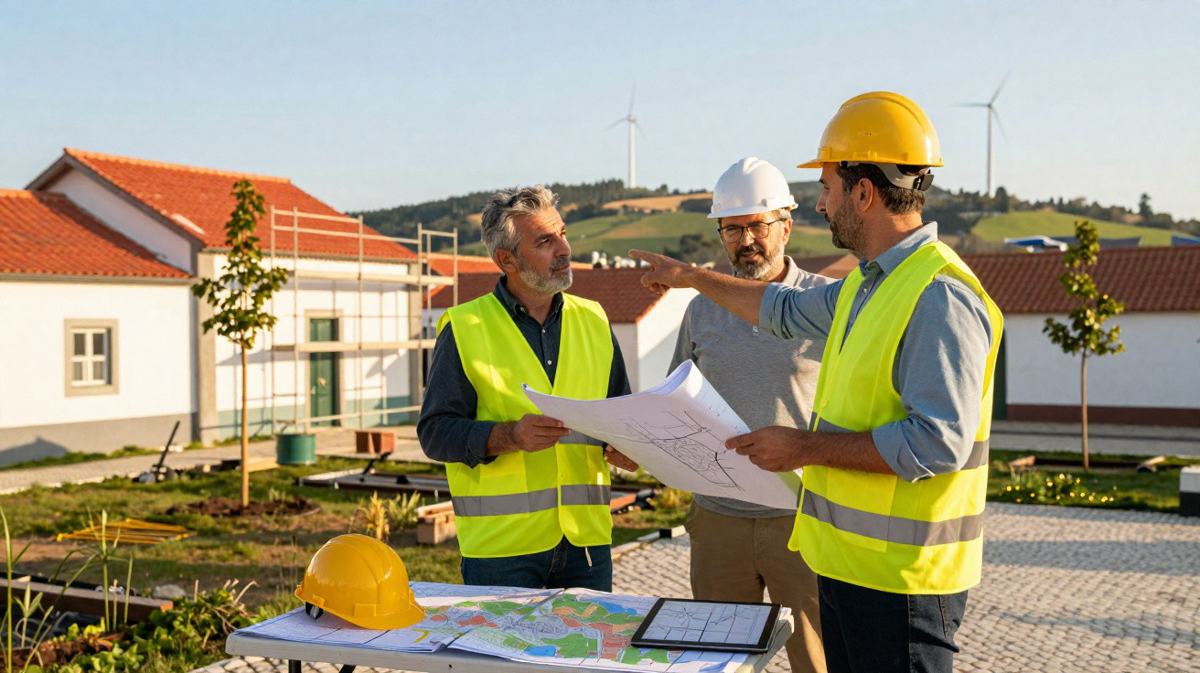 Três engenheiros em coletes refletores analisam plantas num estaleiro de construção ao ar livre em dia soalheiro.