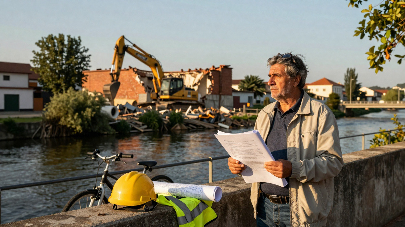 Homem a analisar documentos junto a obras de demolição ao lado de um canal, com capacete, bicicleta e colete refletor.