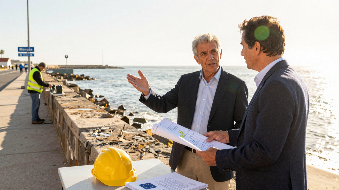 Dois homens em fato discutem planos de construção junto ao mar, com um capacete amarelo e documentos numa mesa.