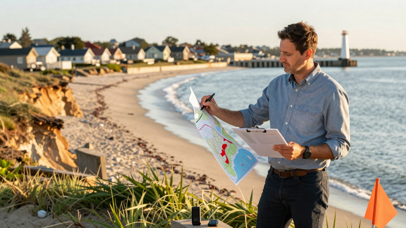 Homem a analisar mapa e ficha na mão junto à praia com casas e mar ao fundo ao fim da tarde.