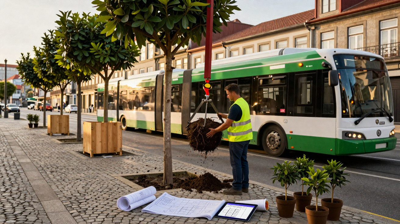 Homem com colete de segurança planta árvore numa calçada urbana junto a autocarro articulado verde e branco.