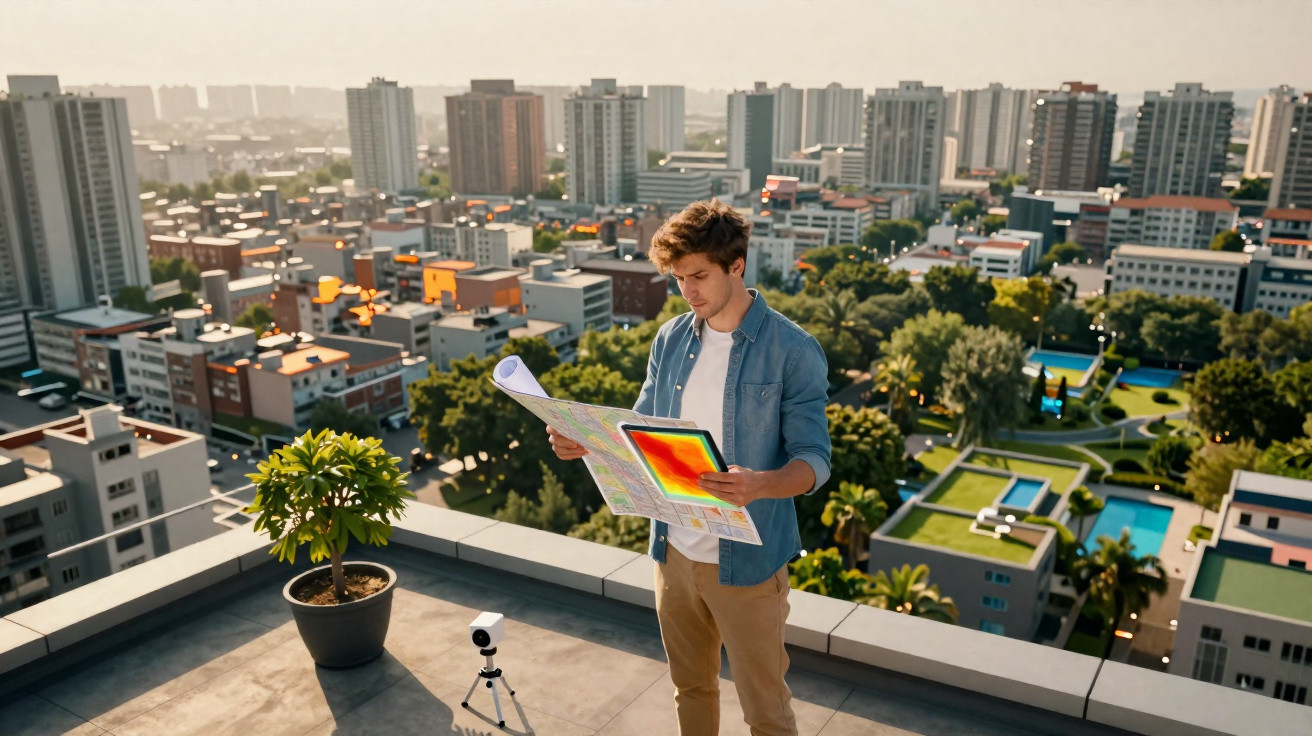 Homem jovem em terraço urbano analisa mapa e imagem térmica com edifícios e áreas verdes ao fundo.