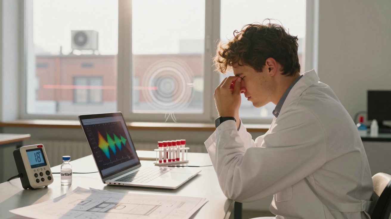 Jovem cientista cansado sentado à mesa com computador, tubos de ensaio e amostra de cortisol no laboratório.