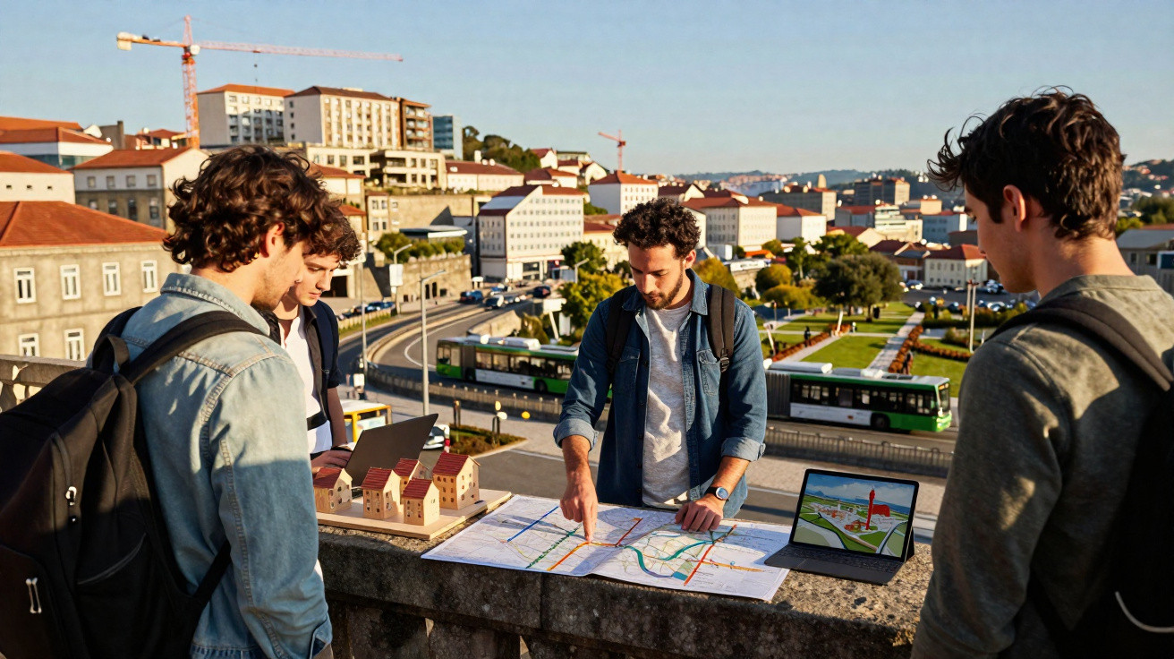 Grupo de jovens com mochilas a analisar mapas e modelos arquitetónicos numa varanda urbana.