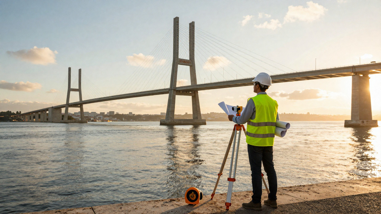 Engenheiro a analisar planos junto a ponte suspensa sobre o rio ao pôr do sol.
