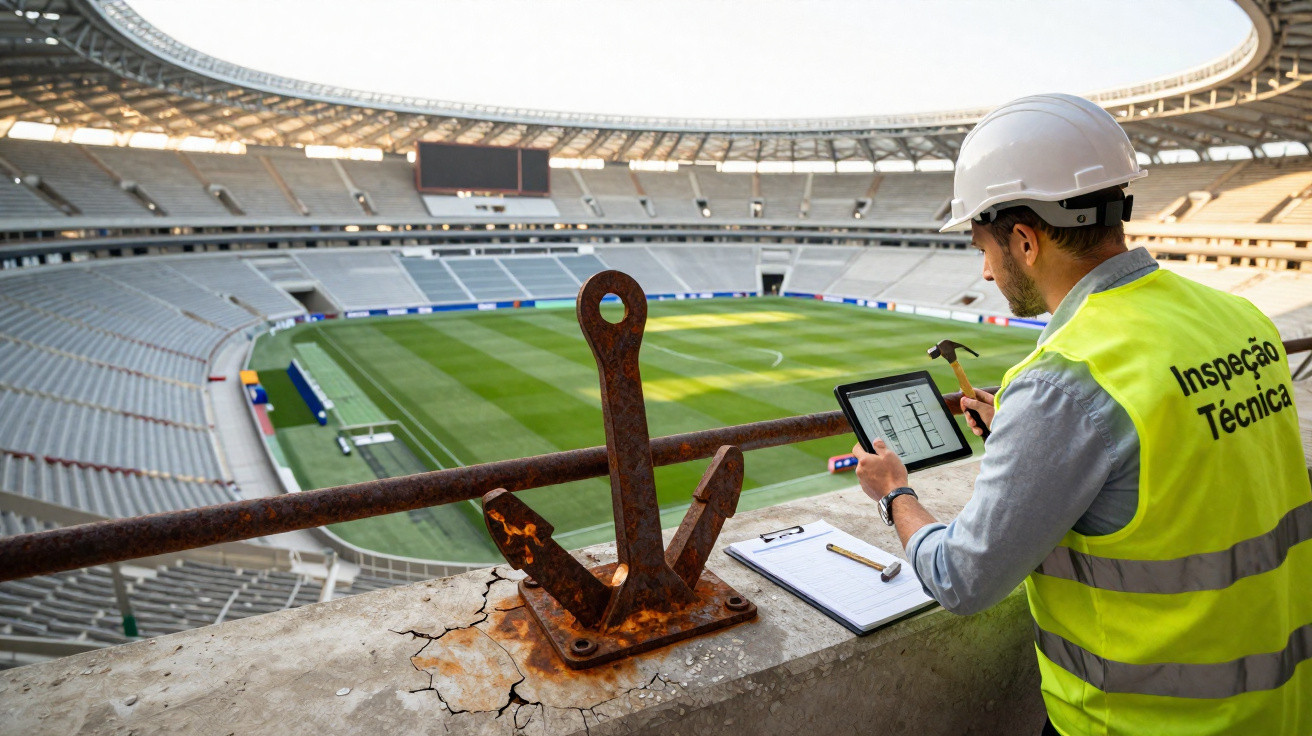 Inspetor técnico com capacete e colete amarelo verifica dano em infraestrutura de estádio vazio.