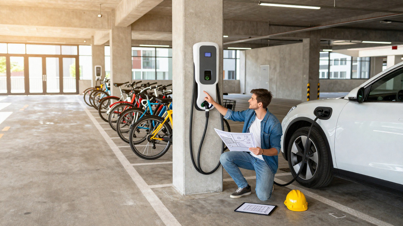 Homem a instalar carregador de carro elétrico estacionado numa garagem com bicicletas ao fundo.