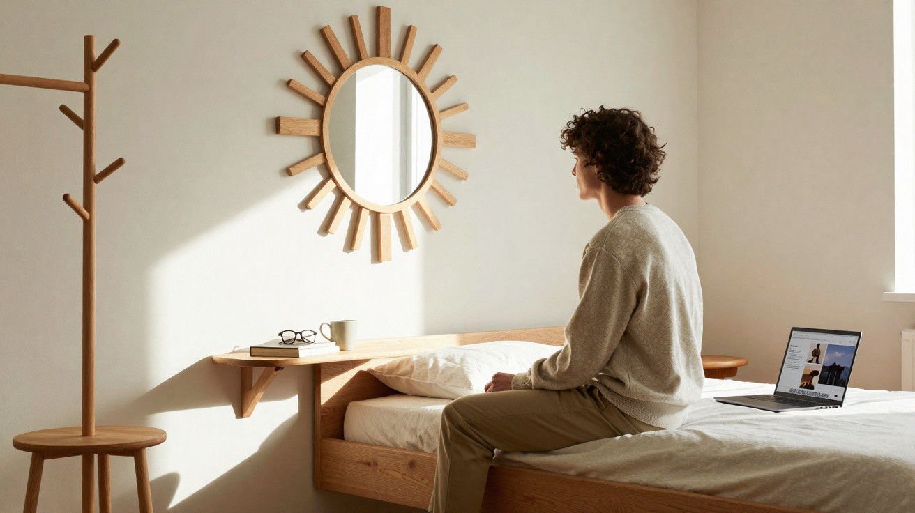Pessoa sentada na cama num quarto minimalista com espelho decorativo em forma de sol e computador portátil aberto.