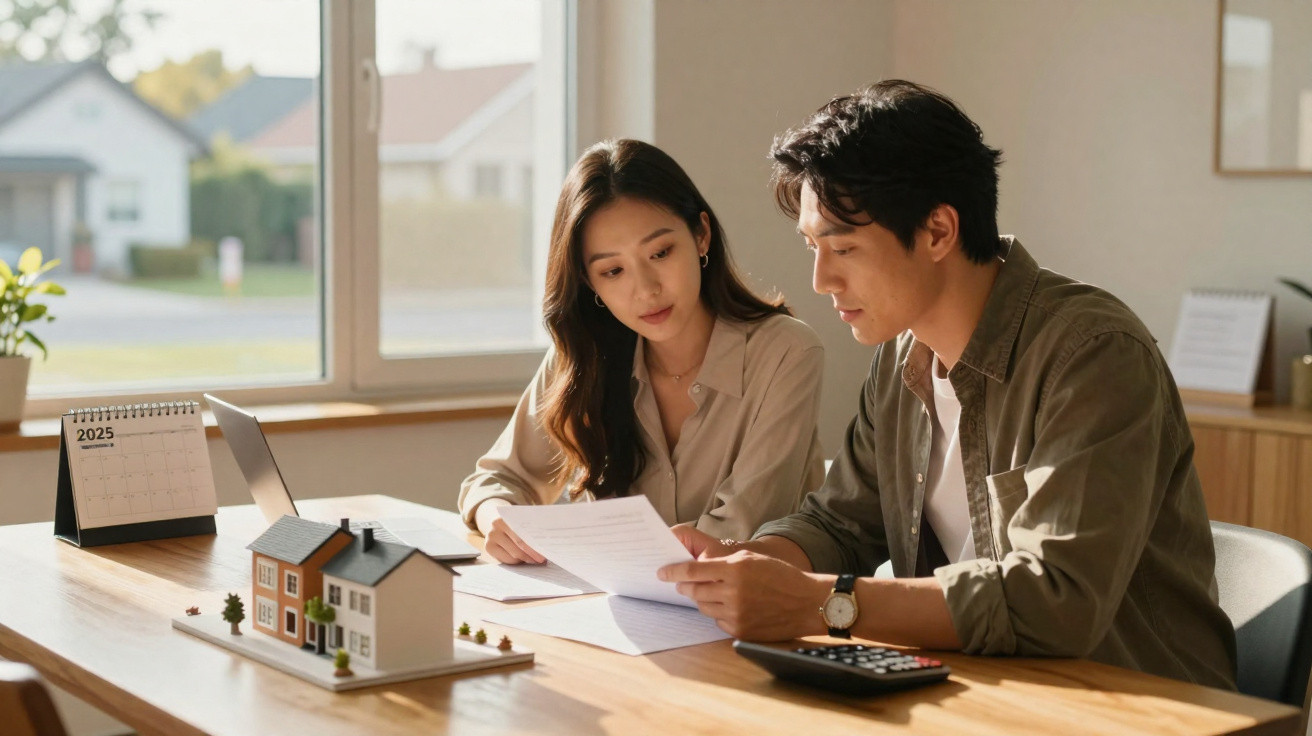 Casal a analisar documentos e planos com maquete de casa sobre mesa iluminada por luz natural.