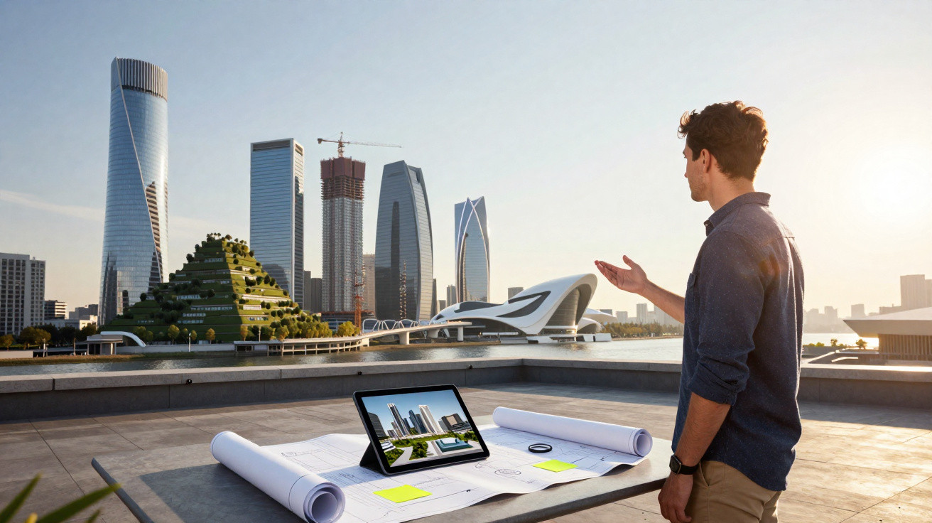 Homem observa maquete arquitetónica de cidade futurista com arranha-céus e edifícios modernos, ao pôr do sol.