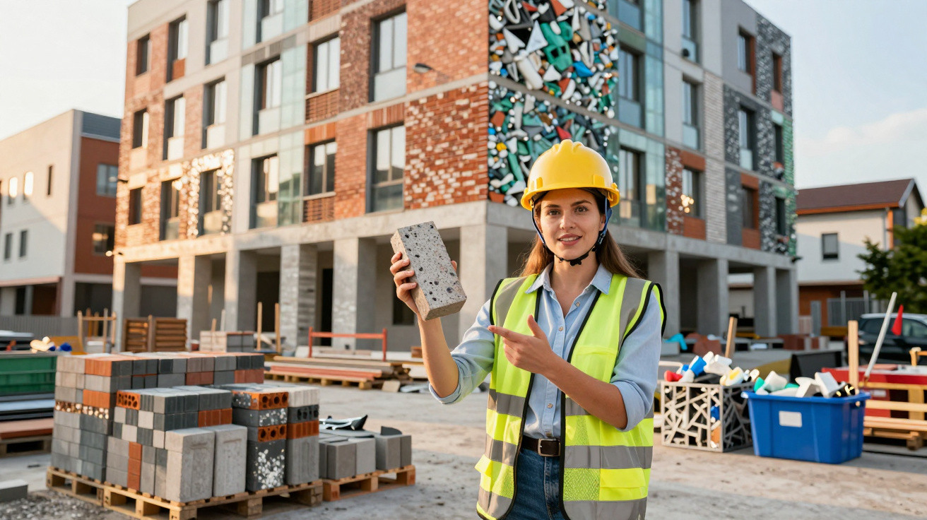 Mulher com capacete e colete refletor mostra e aponta para um tijolo no estaleiro de construção.