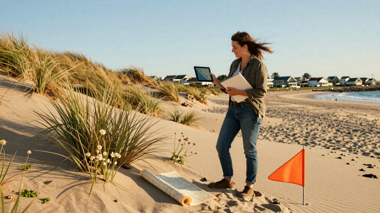 Mulher a estudar plantas na duna de uma praia, segurando tablet e caderno, com bandeira vermelha na areia.