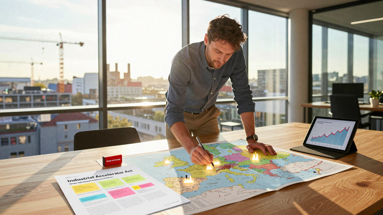 Homem a marcar pontos num mapa da Europa numa sala de escritório com vista urbana ao fundo.