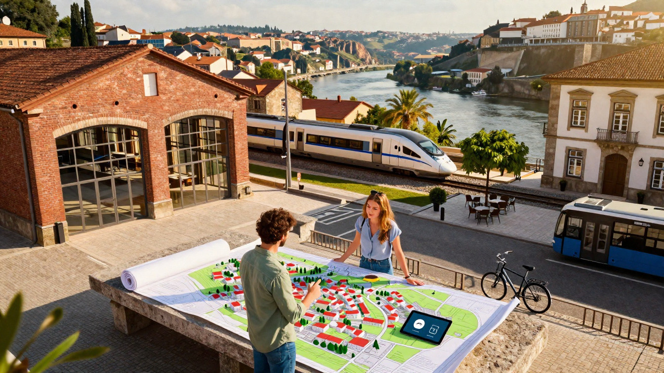 Duas pessoas a analisar maquete urbana junto a rio com comboio, autocarro, bicicletas e edifícios ao fundo.