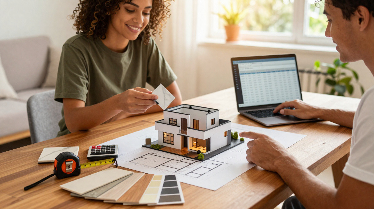 Dois profissionais a analisar plantas e maqueta de casa moderna, com amostras de cores e laptop numa mesa.