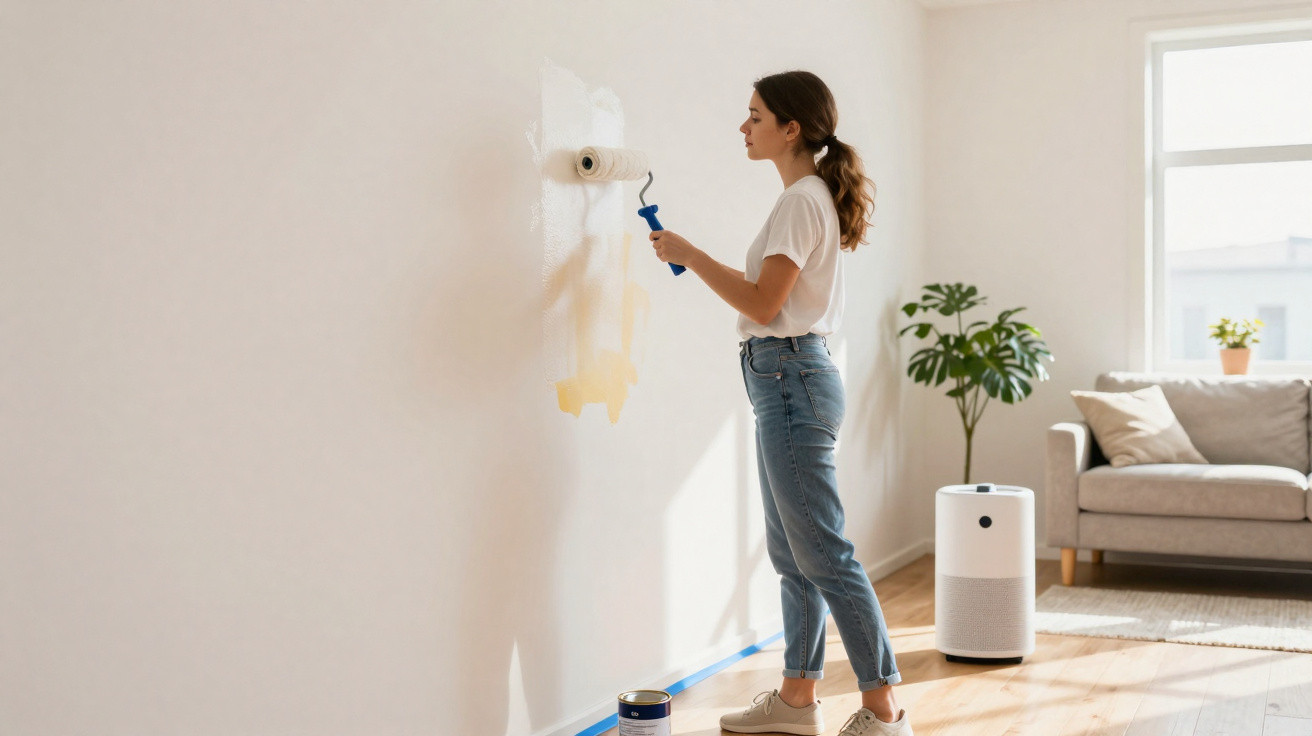 Mulher a pintar uma parede branca numa sala luminosa com rolo de pintura.