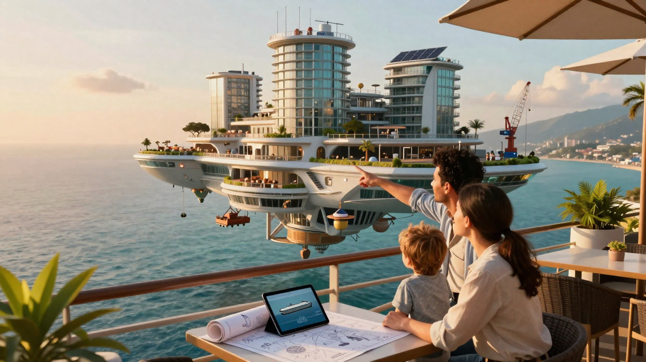 Família observa projeto futurista de barco com torres e áreas verdes sobre o mar ao pôr do sol.