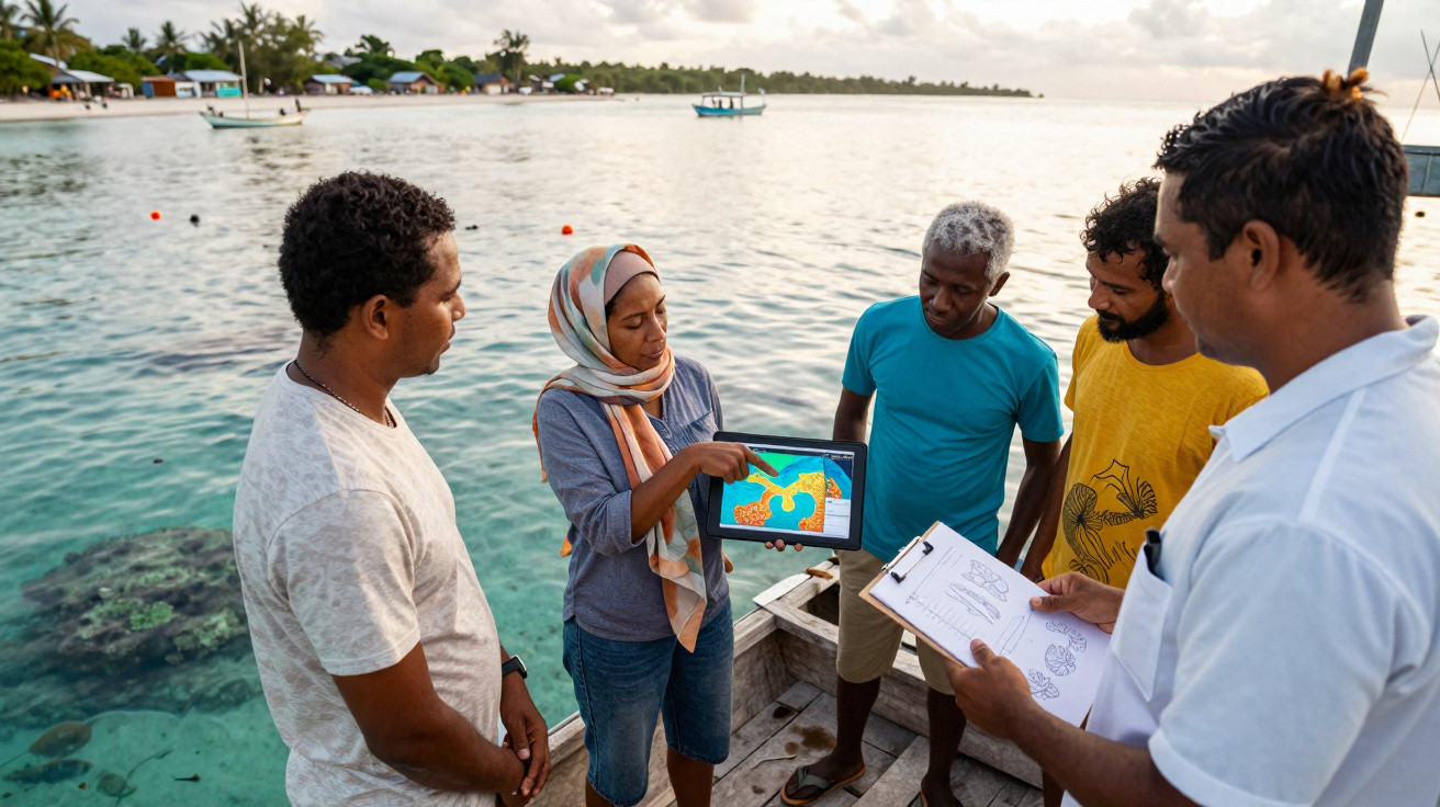 Grupo de pessoas numa praia a discutir um mapa num tablet e anotações numa prancha de papel ao fim da tarde.