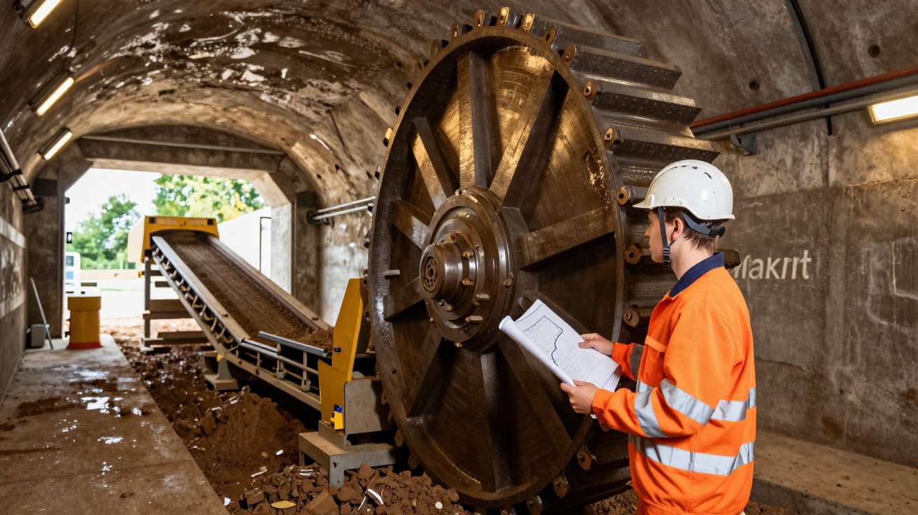 Engenheiro em capacete e colete laranja observa grande roda metálica num túnel de obra subterrânea.