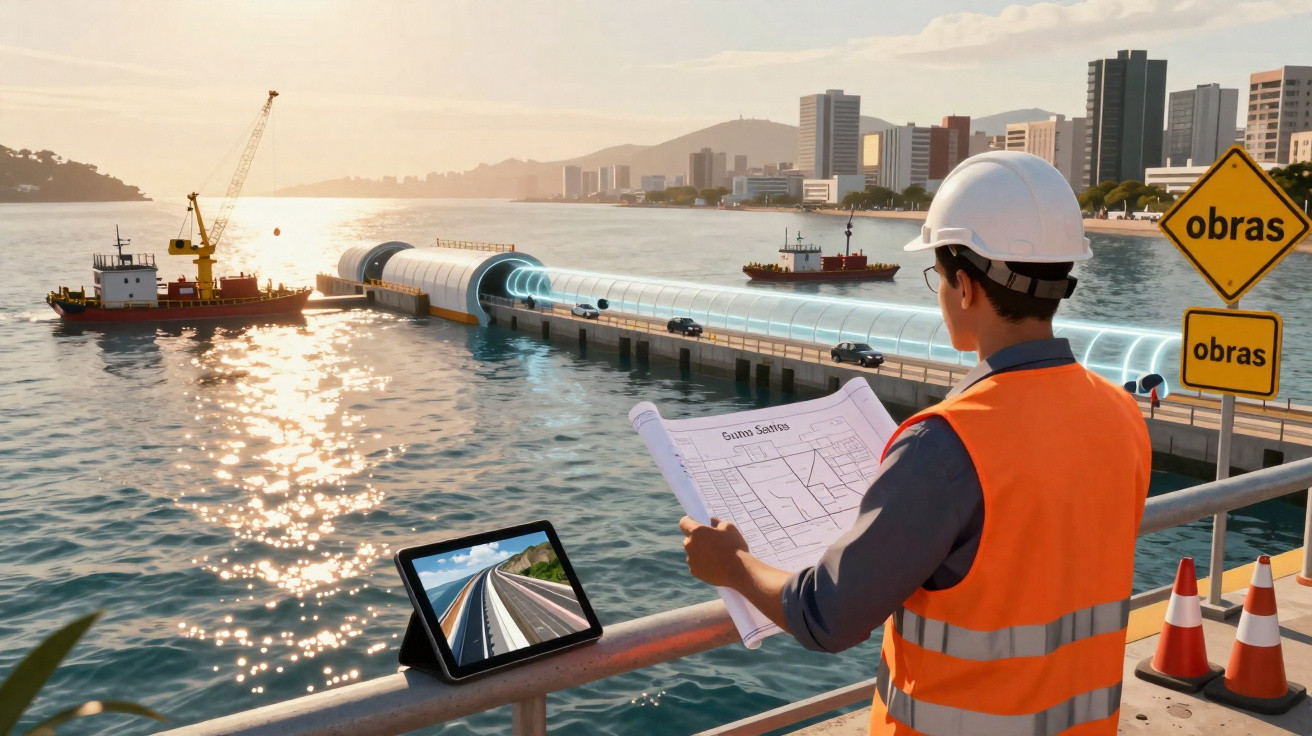 Engenheiro em colete e capacete observa projeto de túnel subaquático em construção numa baía urbana.