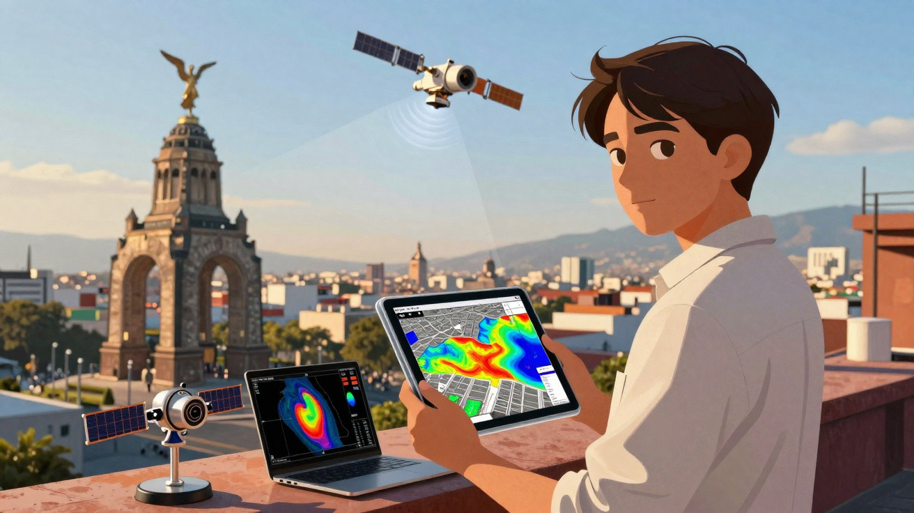 Homem com tablet e portátil analisa dados de satélites urbanos com mapa térmico numa cidade ao fundo.