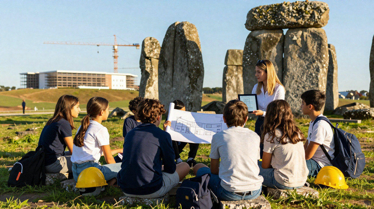 Crianças sentadas em círculo na relva com professora, folhas e capacetes, junto a grandes pedras antigas.