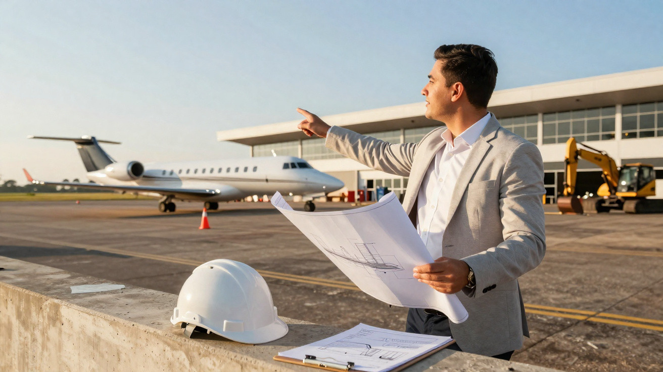 Homem com plano de construção aponta para avião numa pista de aeroporto próximo de capacete de segurança.
