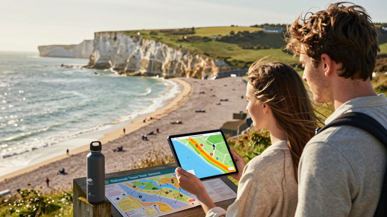 Casal a consultar mapa digital e físico numa falésia com vista para praia e falésias ao fundo.