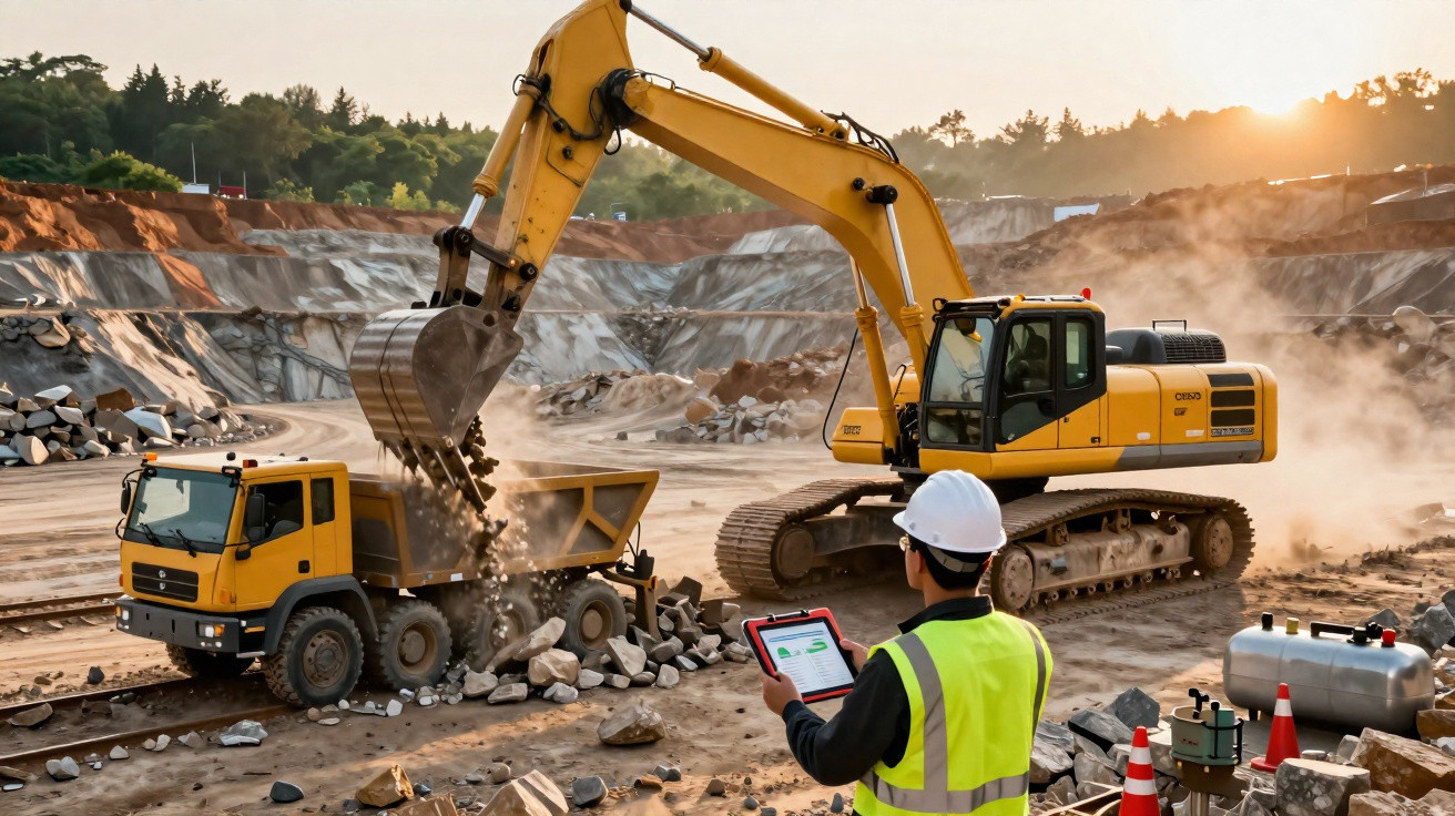 Máquina escavadora amarela a carregar pedras num camião de obra com operário a monitorizar com tablet.