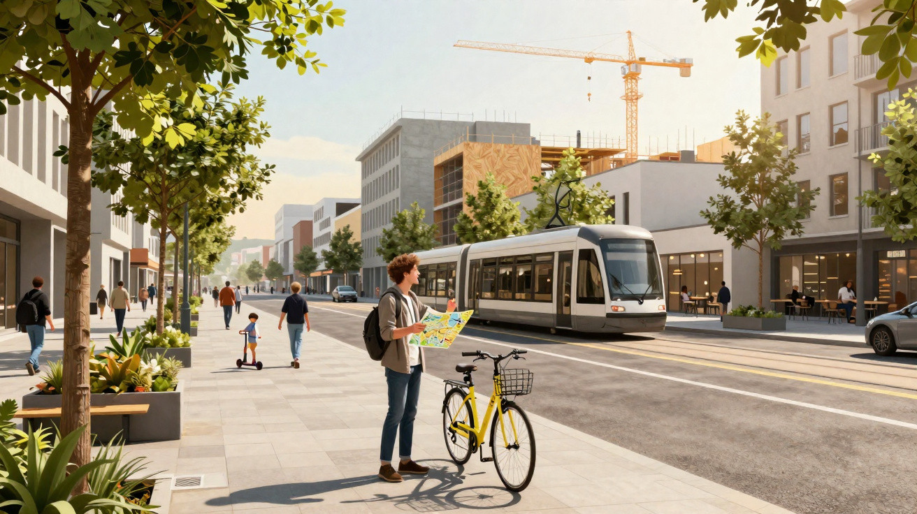 Rua urbana moderna com pessoas, elétrico, ciclista com bicicleta amarela e obras em edifício ao fundo.