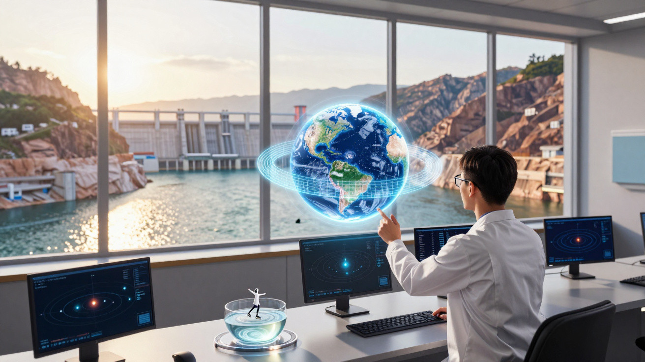 Homem numa sala de controlo interage com um globo digital 3D, com vista para uma barragem e montanhas ao pôr do sol.
