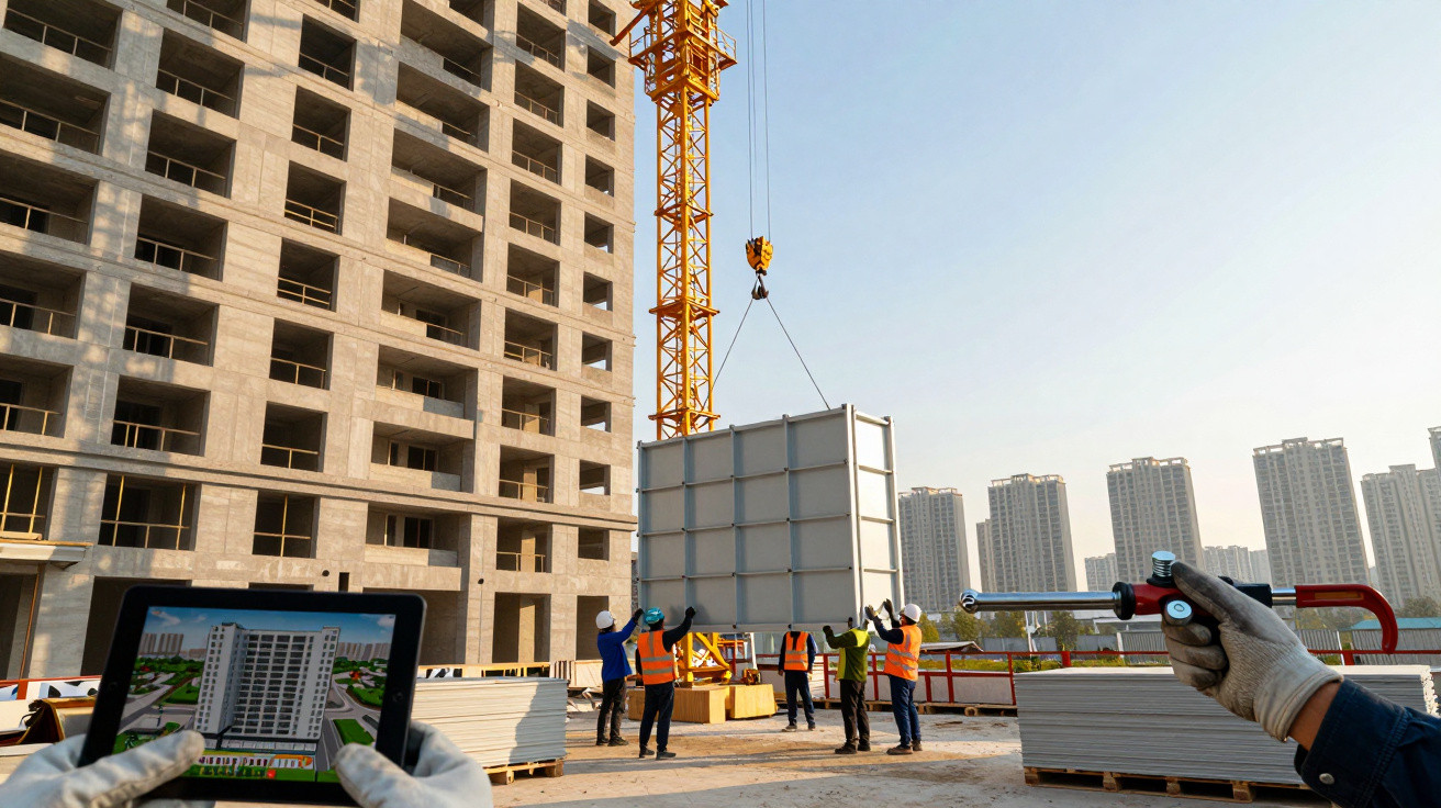 Operários com coletes refletores guiam peça elevada por grua em canteiro de obra de edifício novo.